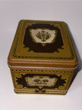 Vintage Metal Tin Brown Gold Florals Crest Rectangular 4”x4.5”x3.5” by Harmon’s